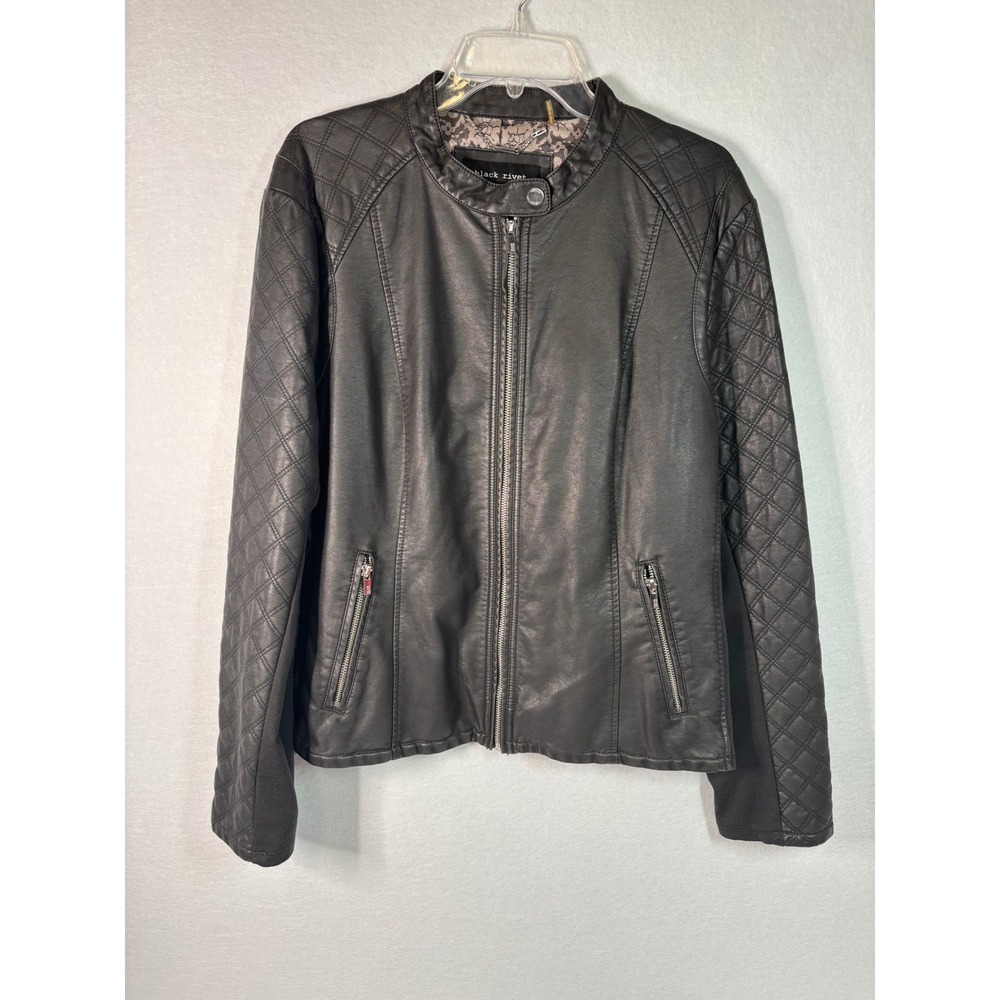 Black Rivet Faux Leather Quilted Moto Jacket Black XXL Floral Lining BMU264